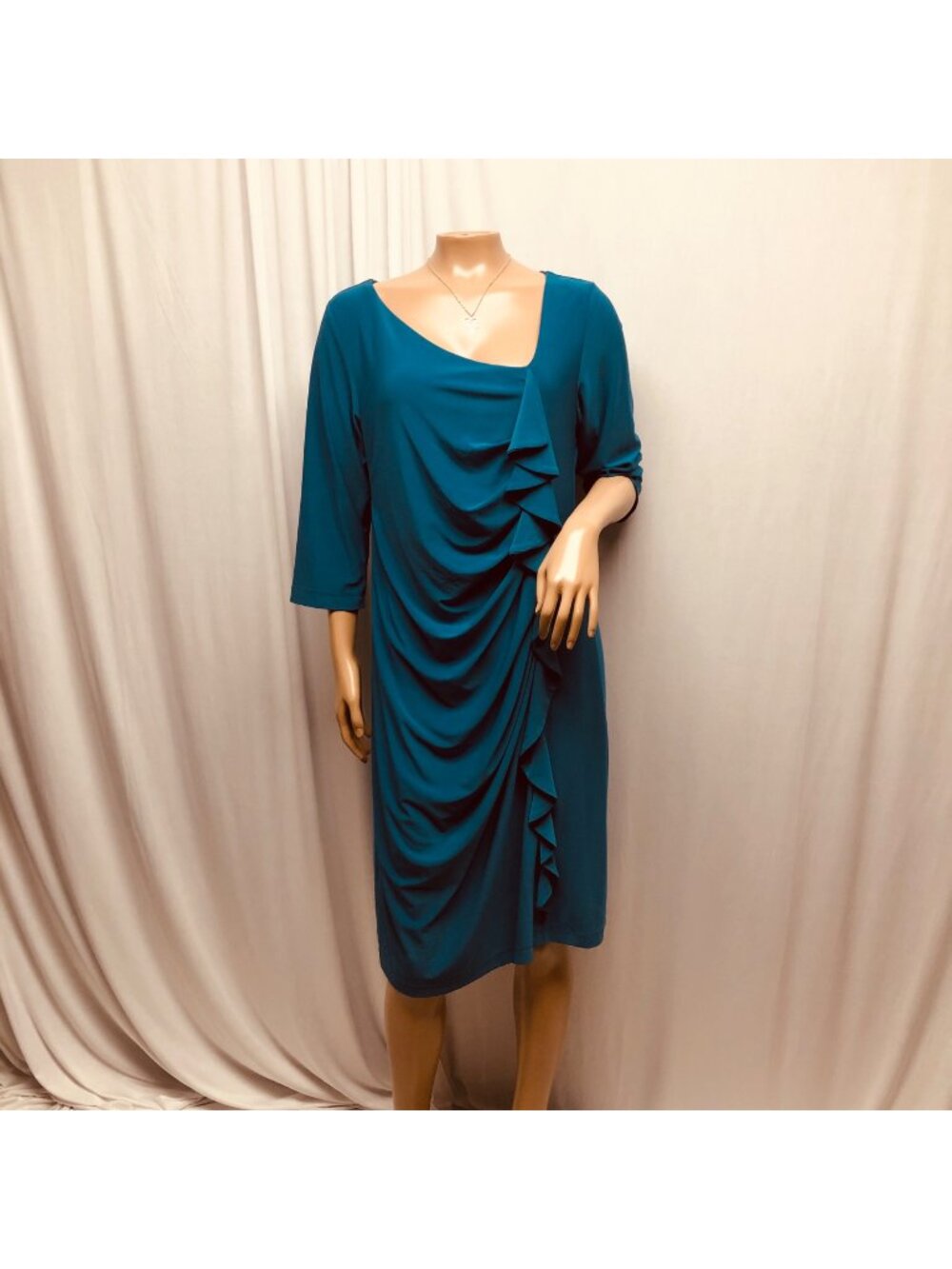 Christine Dress Womens Size Large Teal Draped Side Ruffle Stretch Knee Length